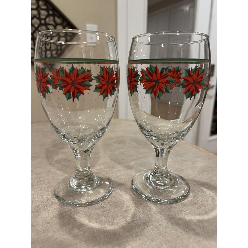 Libby Premiere 7" Poinsettia Glass Ice Tea Wine Goblets Set Of 2 Christmas Theme